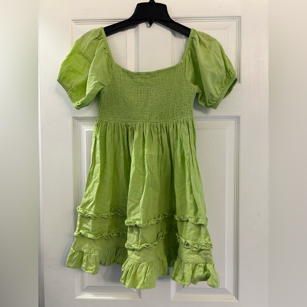 Smocked Puff-Sleeve Mini Dress - Lime Green